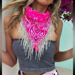 Hot pink rhinestone crystal fringe bandana